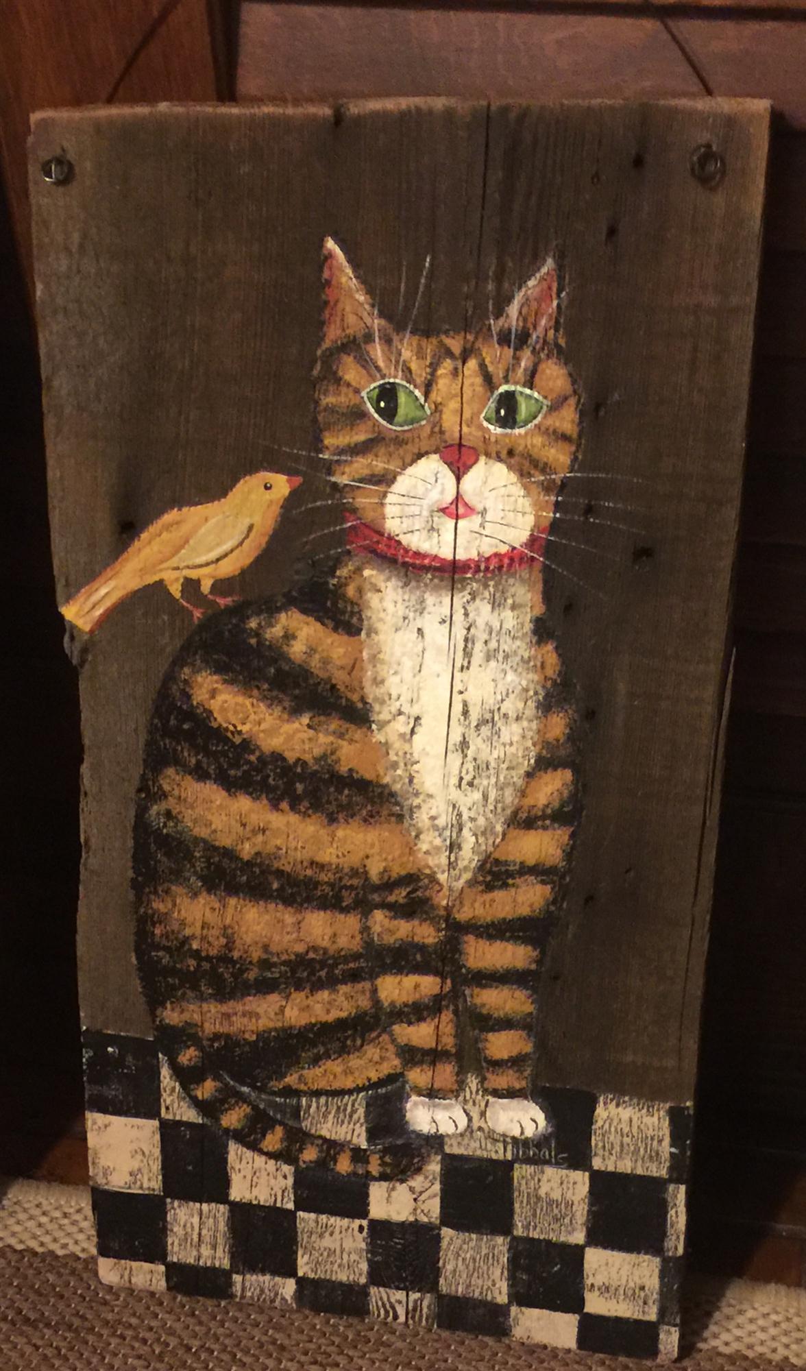 Folk Art Tabby with bird